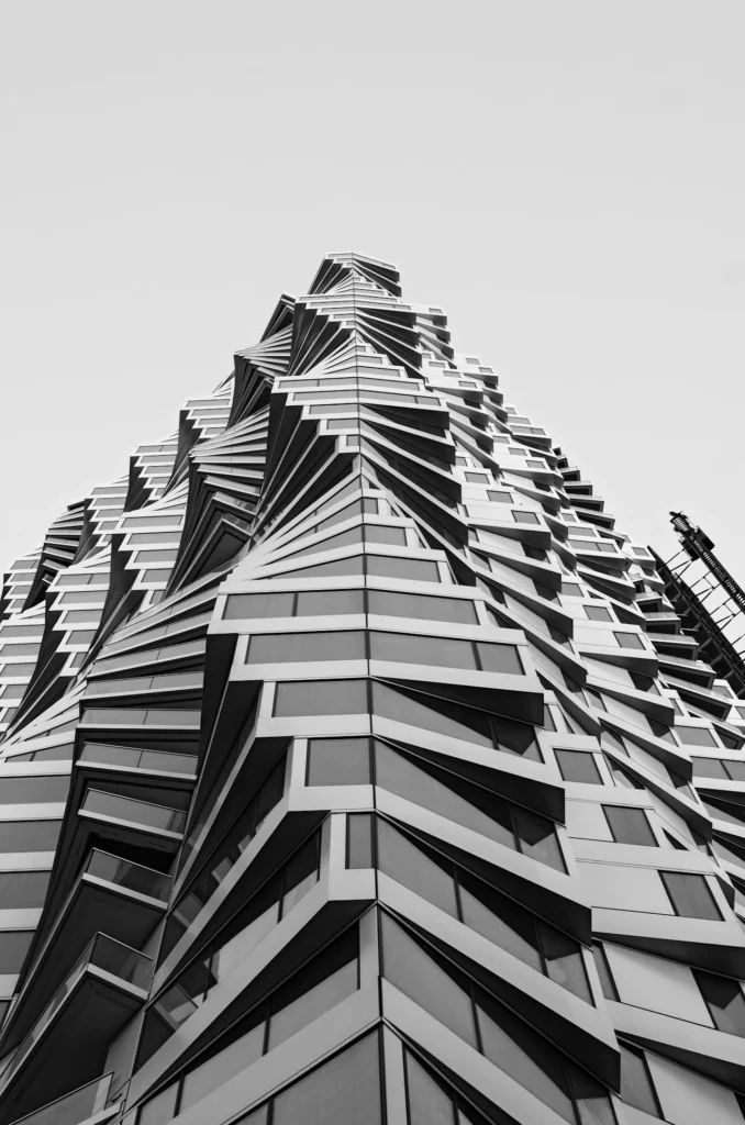 Monochrome view looking up at a contemporary building façade